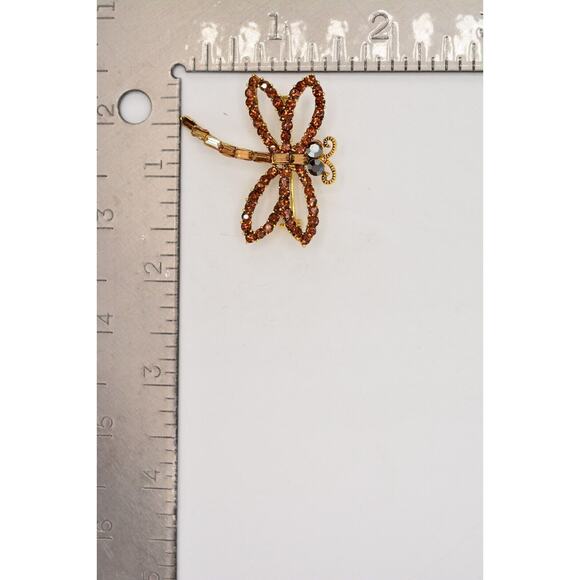 WM Vintage Dragonfly Crystal Pin Brooch Brown Rhinestone Gold Signed AS IS BinAJ - Picture 12 of 12